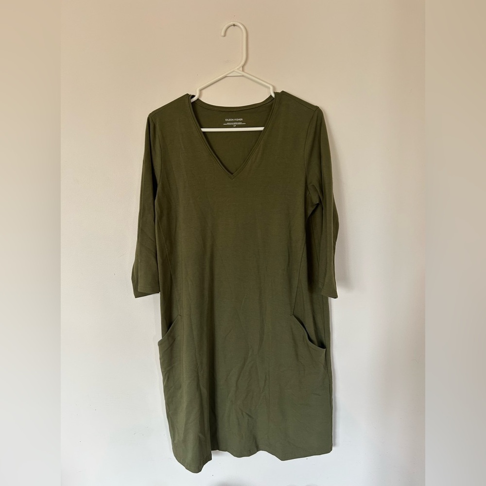 Eileen Fisher Tunic Size S Green Stretch Organic Cotton Pocket 3/4 Sleeve Dress